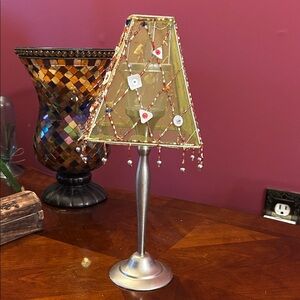 Decorative Beaded Table Lamp with Silver Base. Used with votives.